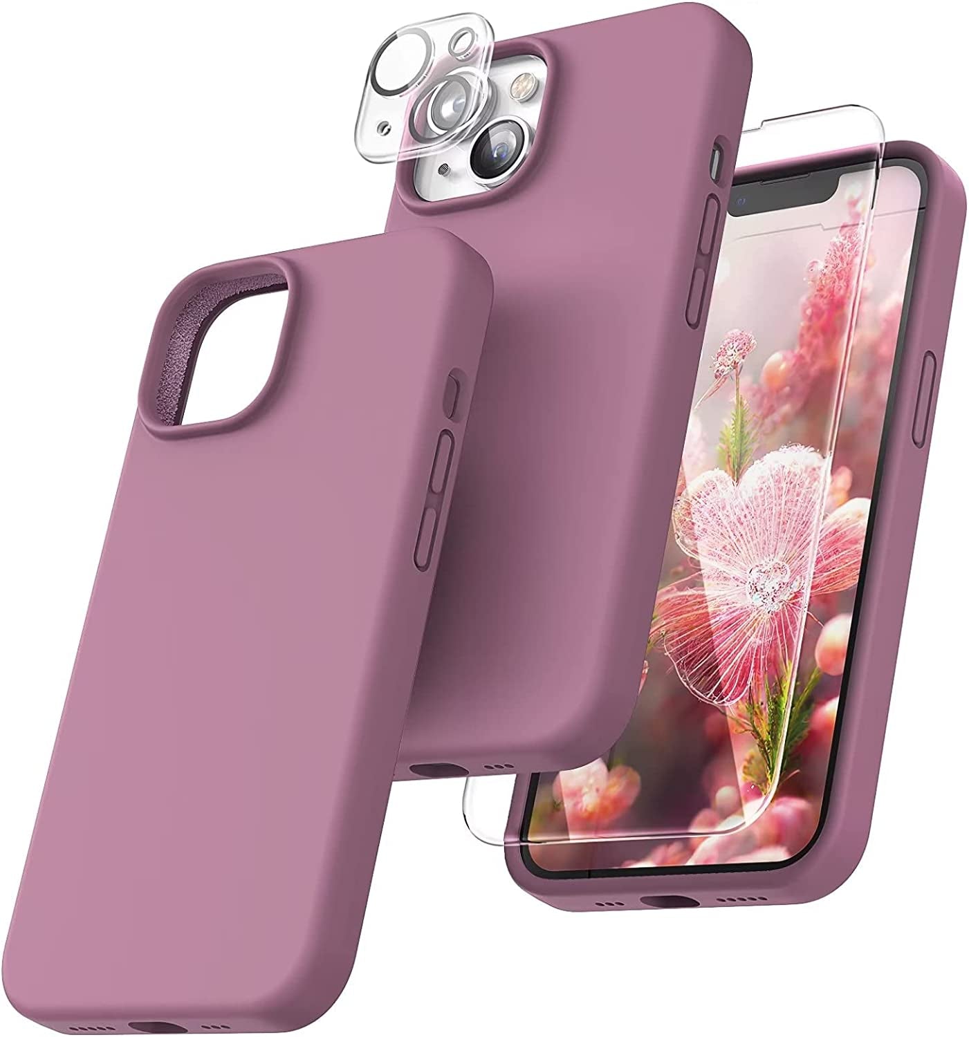 TOCOL [5 in 1 for Iphone 14 Case, with 2 Pack Screen Protector + 2 Pack Camera Lens Protector, Slim Liquid Silicone Phone Case 14 6.1 Inch, [Anti-Scratch] [Drop Protection], Midnight Blue  TOCOL Lilac Purple  