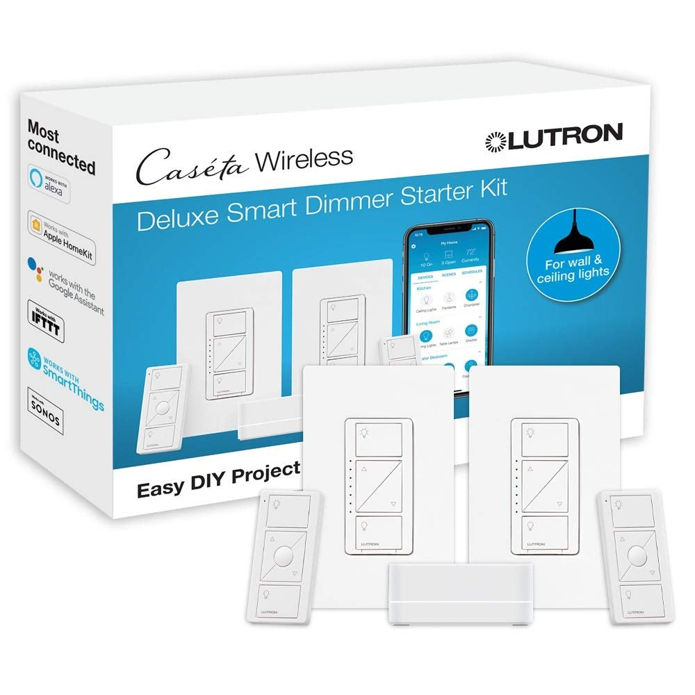 Lutron Caséta Deluxe Smart Dimmer Switch (2 Count) Kit with Caséta Smart Hub | Works with Alexa, Apple Homekit, Ring, Google Assistant | P-BDG-PKG2W-A | White  Lutron   