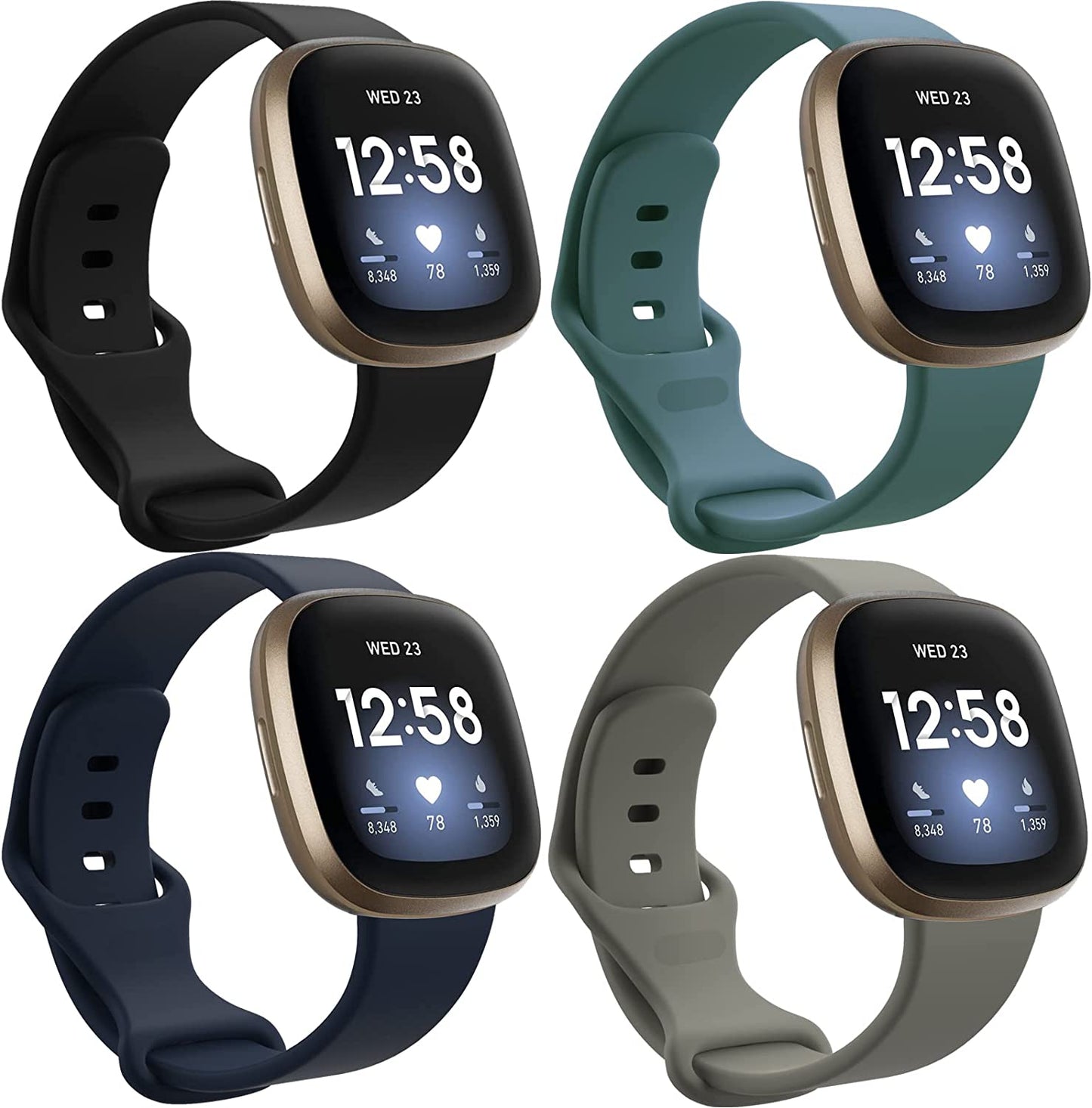 4 Pack Sport Bands Compatible with Fitbit Sense/Versa 3,Classic Soft Silicone Replacement Wristbands for Versa 3 Smart Watch Women Men Large（Black+Dark Blue+Rock Cyan+Grey）  SENGKOB   