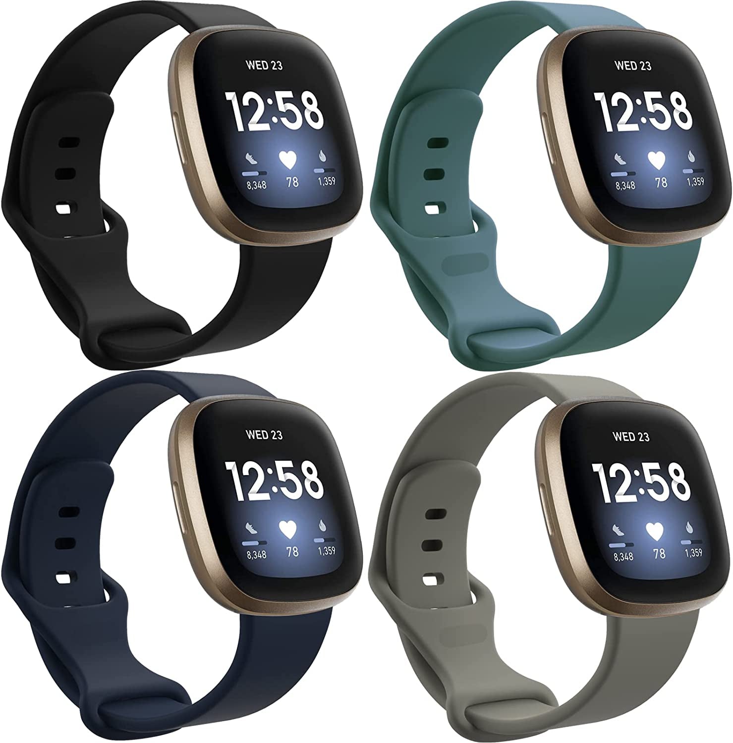 4 Pack Sport Bands Compatible with Fitbit Sense/Versa 3,Classic Soft Silicone Replacement Wristbands for Versa 3 Smart Watch Women Men Large（Black+Dark Blue+Rock Cyan+Grey）  SENGKOB   