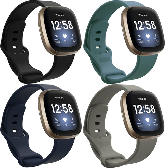 4 Pack Sport Bands Compatible with Fitbit Sense/Versa 3,Classic Soft Silicone Replacement Wristbands for Versa 3 Smart Watch Women Men Large（Black+Dark Blue+Rock Cyan+Grey）  SENGKOB   