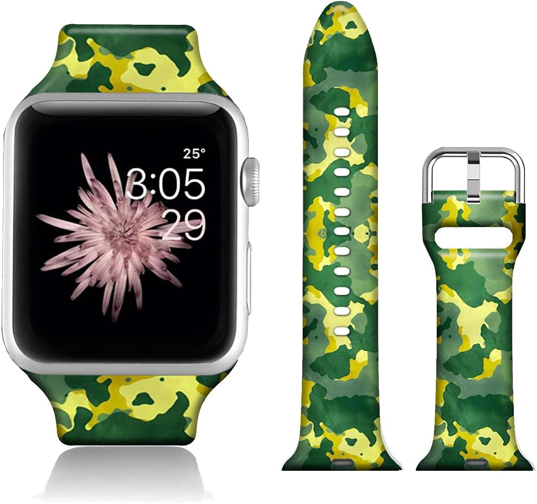 FTFCASE Silicone Floral Bands Compatible with Apple Watch 49Mm 45Mm 44Mm 42Mm, Gray Pattern Printed Soft Silicone Sport Strap Replacement for Iwatch SE Series 8 7 6 5 4 3 2 1 for Women Men Girls  FTFCASE Green Gold Camo 42mm/44mm/45mm/49mm 