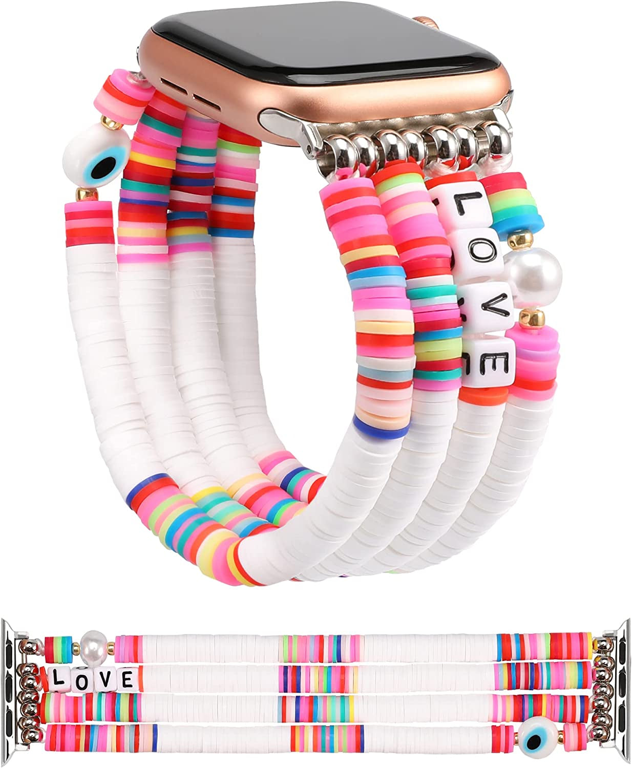 TOYOUTHS Heishi Beads Bracelet Compatible with Apple Watch Band Cute Stretch Girl Women Summer Beach Surfer Stackable Clay Preppy Jewelry Band for Iwatch 42/44/45Mm Series SE 7 6 5 4 3 2 1  TOYOUTHS White 41/40/38mm M (6.2" - 6.5" Wrist) 