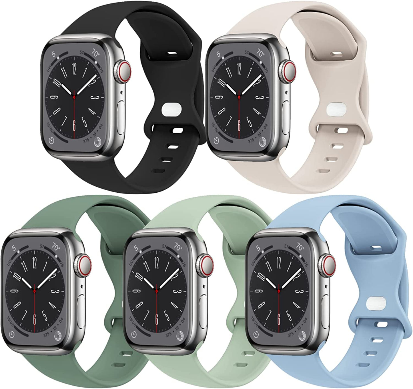 [5 PACK] STG Sport Watch Band Compatible with Apple Watch Band 38Mm 40Mm 41Mm 42Mm 44Mm 45Mm 49Mm Soft Silicone Replacement Sport Strap Compatible for Iwatch Ultra SE Series 8/7/6/5/4/3/2/1 (38Mm/40Mm/41Mm S/M, 5 PACK  STG 5 PACK F - Black/Starlight/Eucalyptus/Mineral Green/Blue Fog 42mm/44mm/45mm/49mm M/L 