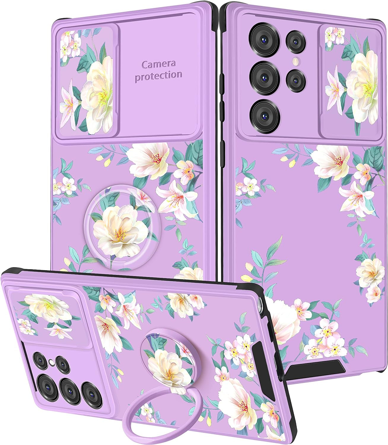 Goocrux (2In1 for Samsung Galaxy S22 Ultra Case Sunflower Floral for Women Girls Girly Phone Cover Cute Flowers Design with Slide Camera Cover+Ring Holder Unique Blue Cases for Galaxy S22 Ultra 6.8''  Goocrux Purple Flower  