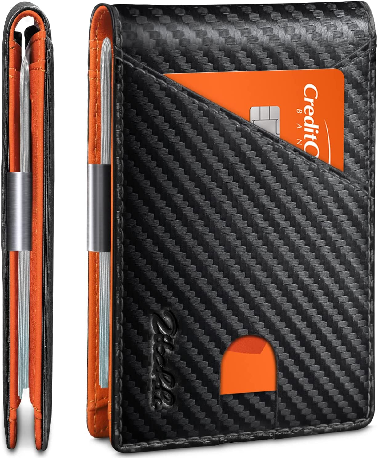 Zitahli Wallet for Men - with Money Clip Slim Leather Slots Credit Card Holder RFID Blocking Bifold Minimalist Wallets with Gift Box  Zitahli Carbon Black and Orange  