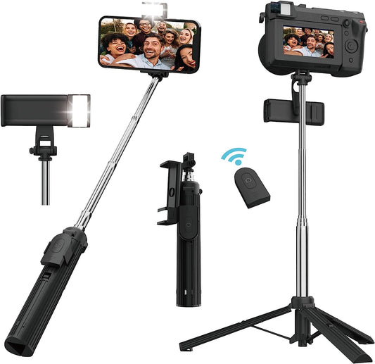 ADYSS Portable Selfie Stick,Ladies Selfie Stick with Tripod,With Fill Light and Wireless Remote, 3 Modes Selfie Stick Mode/Desktop Mode/Ground Mode,Supprot Camera,Selfies/ Vlogging/Live  N\W   