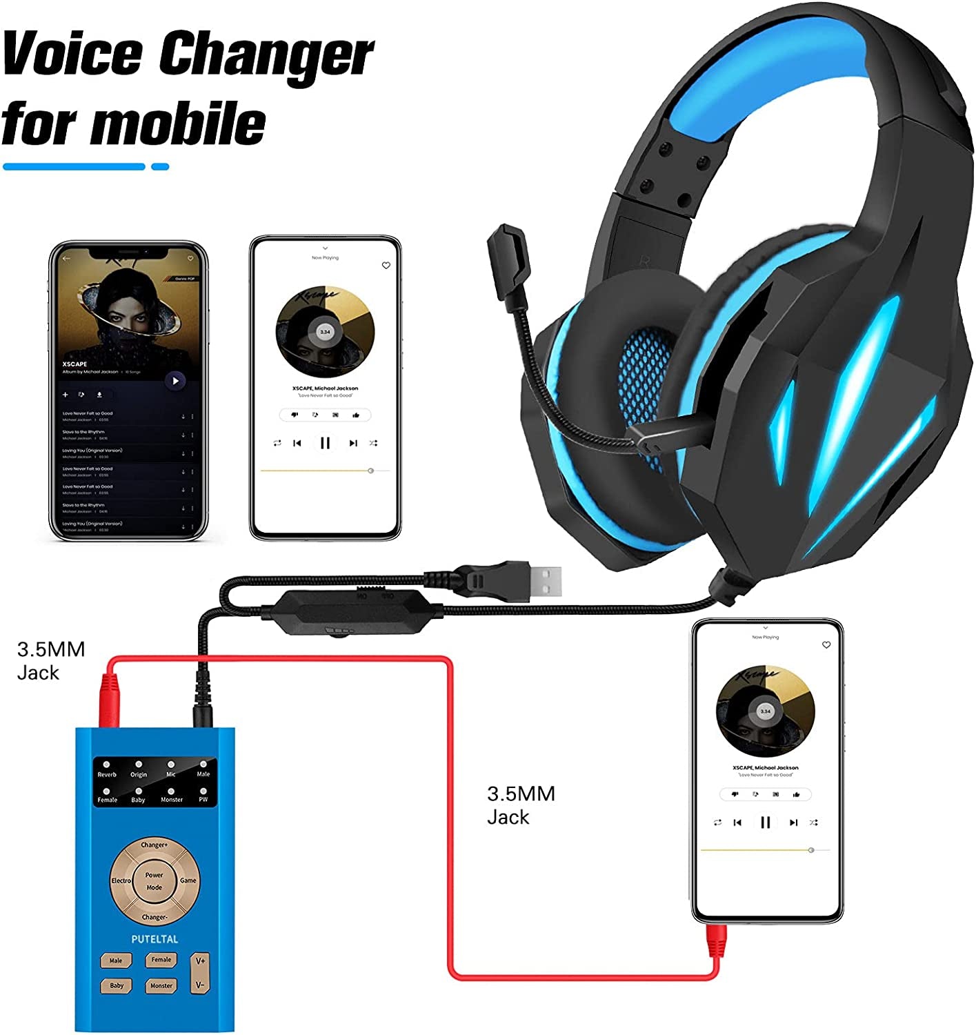 PUTELTAL Adjustable Gaming Voice Changer Disguiser for Ps4/Xbox One/S/X/Ps5/Computer/Laptop/Smart Phone & More-Bue  PUTELTAL   