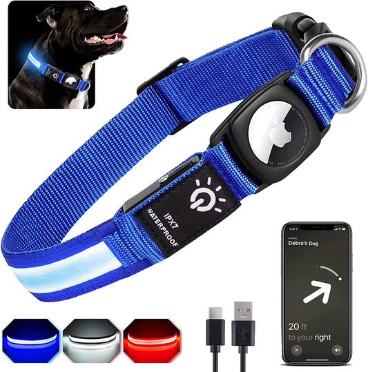 LED Airtag Dog Collar, FEEYAR Air Tag Dog Collar [IPX7 Waterproof], Light up Dog Collars with Apple Airtag Holder Case, Rechargeable Lighted Dog Collar for Small Medium Large Dogs [Blue][Size S]  FEEYAR   