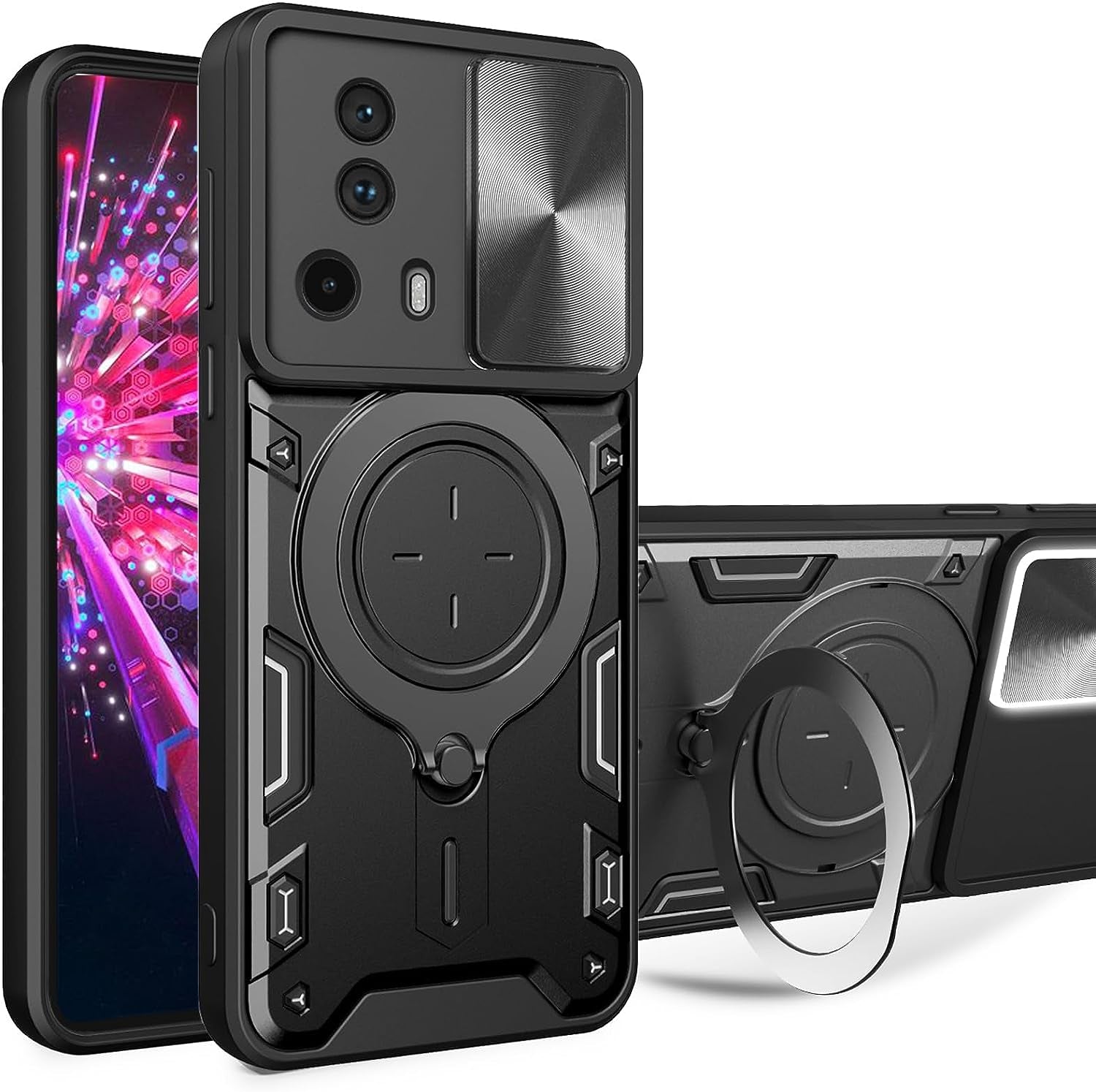 Ysnzaq Case for Xiaomi 13 Lite/Civi 2 with Ring Magnetic Kickstand, [Military Grade Drop Protection] with [Sliding Camera Cover] for Xiaomi 13 Lite/Civi 2 6.55" CQ Purple  Ysnzaq Black  