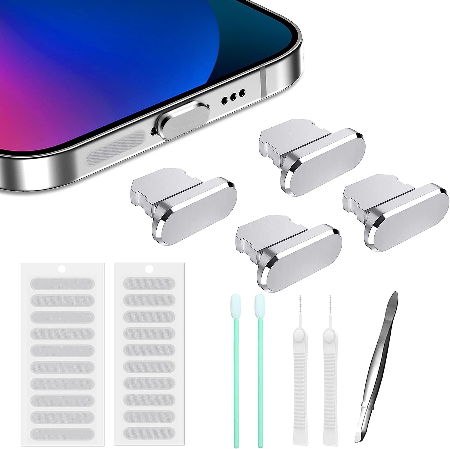 Gavemi Iphone Dust Plug Compatible with Iphone and Airpods, Lightning Port Plug Protector Charging Port anti Dust Cover Includes Speaker Cover (Black)  Bstq Silver  