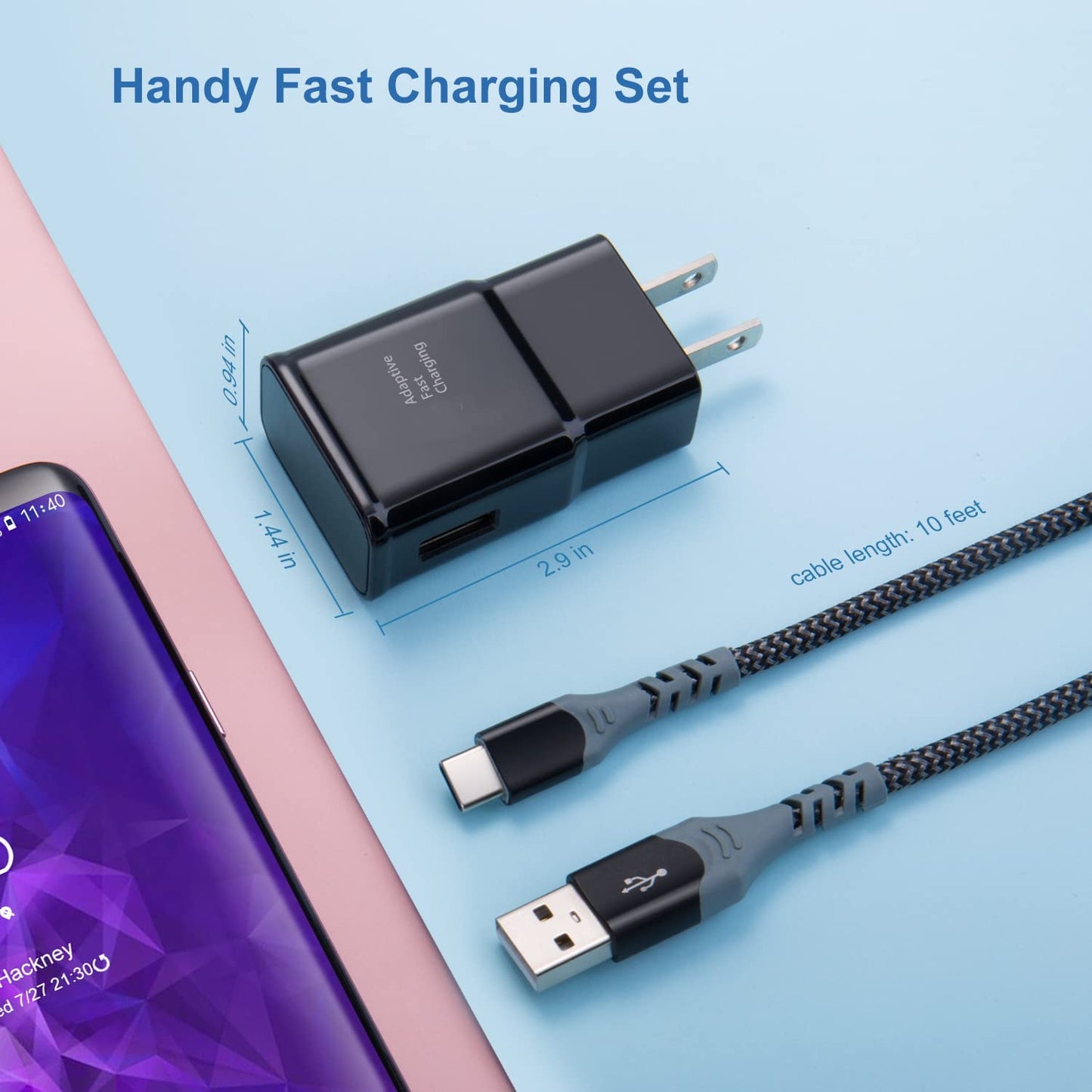 Adaptive Fast Charging Wall Charger with USB C Cable 10Ft, Excgood USB Fast Charger Type C Charger Compatible for Samsung Galaxy S23 Ultra A13 A03S A53 A23 S22 S21 S20 S10 S9 Android Phone-2Pack,Black  Shenzhen Hao Nuo Tian Electronics Co.,LTD   