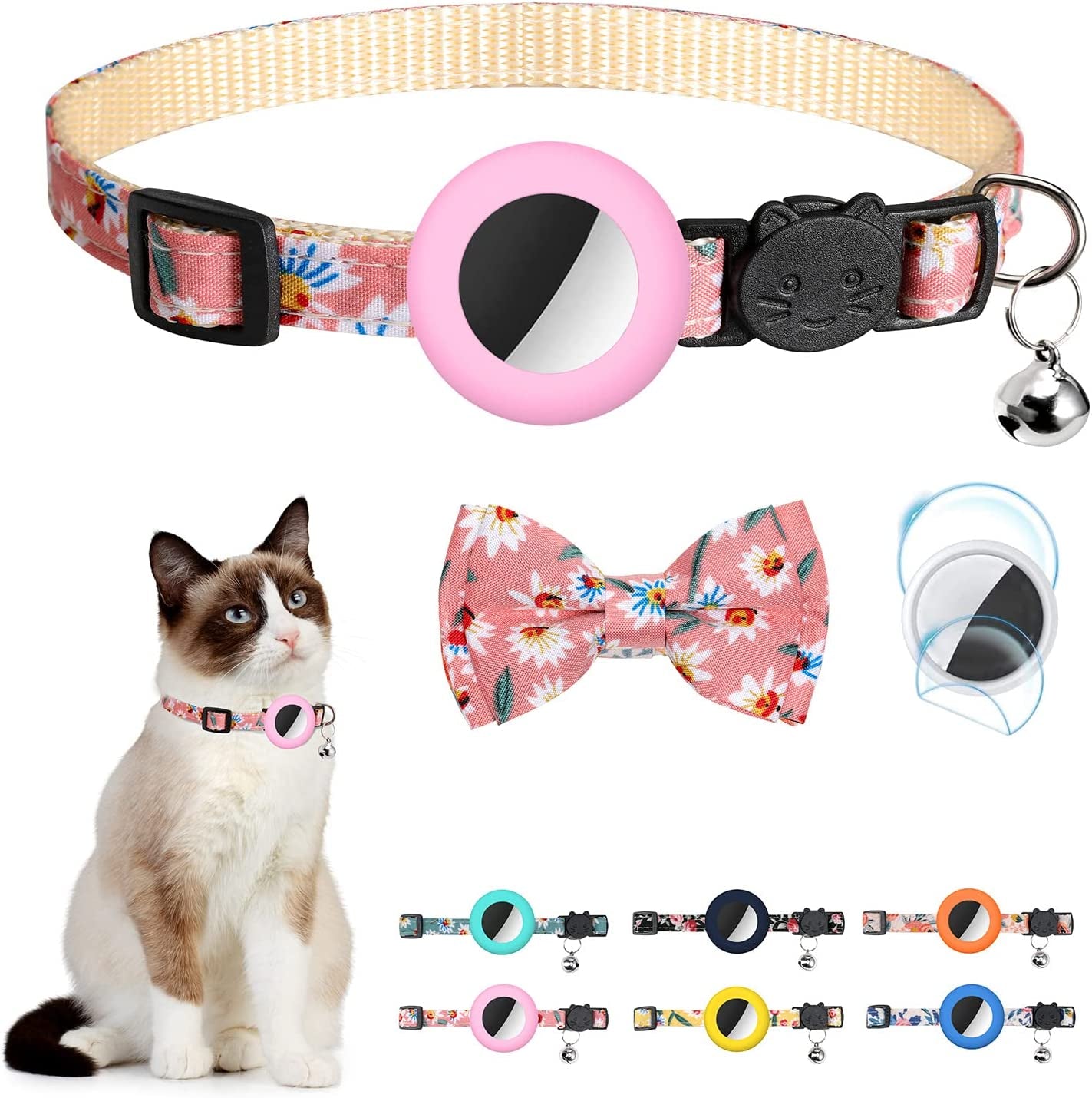 Airtag Cat Collar with Bell Adjustable Breakaway Kitten Collars:- Safety Buckle and Silicone Air Tag Holder Case Compatible with Apple Airtag Geometric Pattern Pet Collar (Pink)  OEBEESA cat collar-Pink  