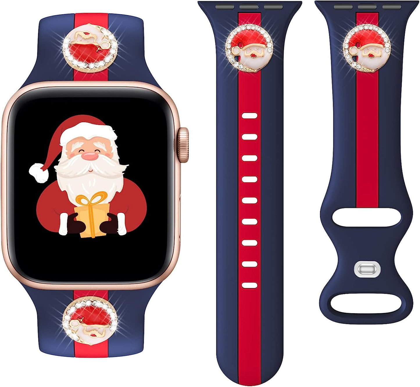 Designer Sport Band Compatible with Apple Watch Iwatch Bands 38Mm 40Mm 41Mm 42Mm 44Mm 45Mm 49Mm Men Women, Soft Silicone Strap Wristbands for Apple Watch Series 8/7/6/5/4/3/2/1/Se/Ultra  seizehe Blue Red with christmas charm 42mm/44mm/45mm/49mm 