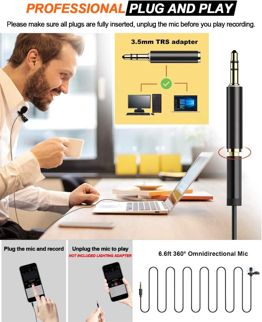 Z ZAFFIRO Lavalier Lapel Microphone Kit Clip on Omnidirectional Condenser Lav Mic for Iphone, Ipad, DSLR, Camcorder, Zoom/Tascam Recorder, PC, Macbook, Samsung Android, Smartphones  Z ZAFFIRO   