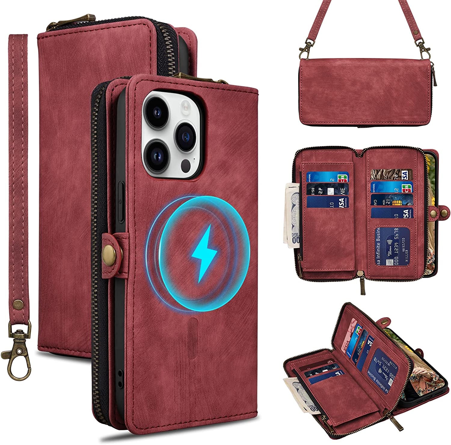 Rssviss for Iphone 12/12 Pro Case Wallet Cover for Women Men, 《RFID Blocking》《Magsafe》Credit Card Holder Leather Strap Zipper Wristlet Iphone 12 Pro Case with Magnetic Shockproof 6.1" Vintage Pink  Rssviss Red 6.7 inch iphone 14 Pro Max 