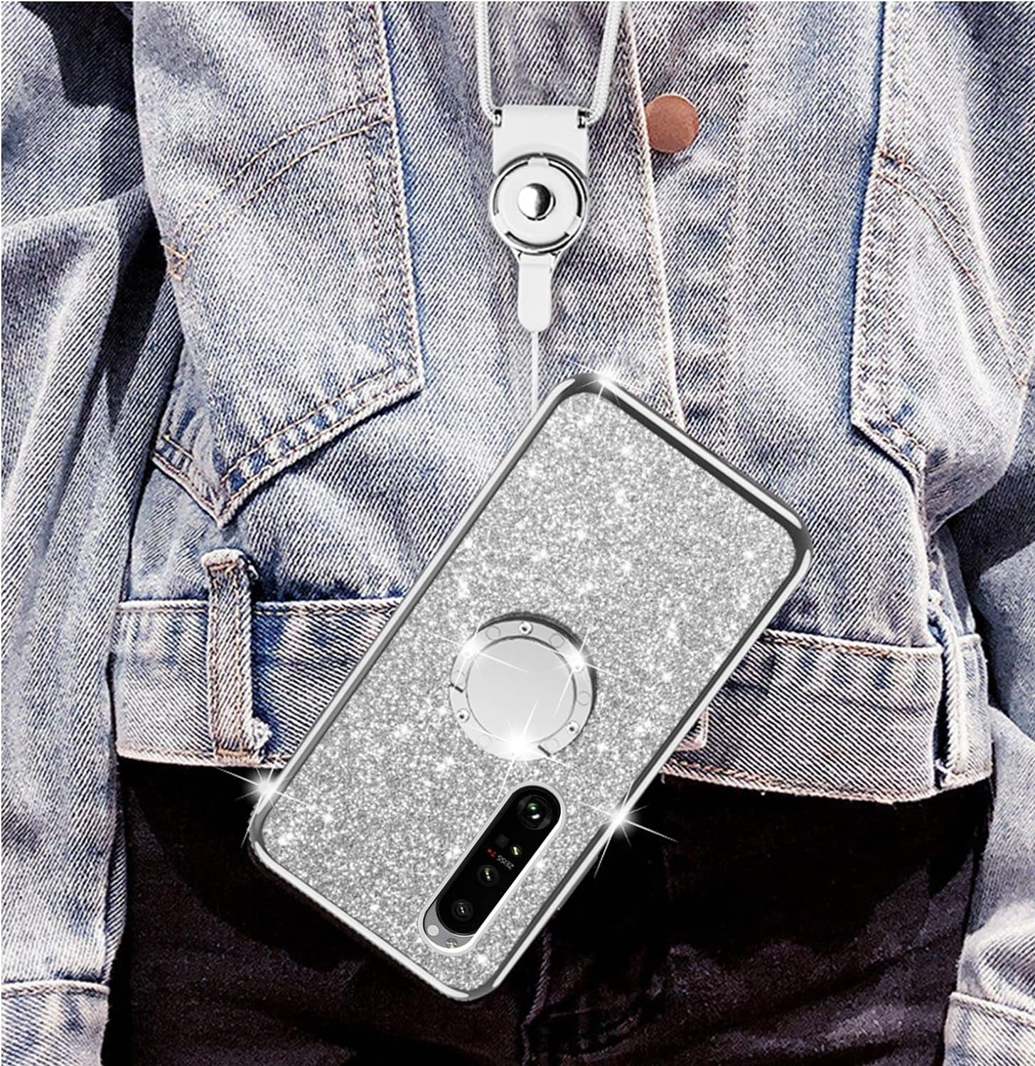 Nancheng for Xperia 1 III Case Girls Women Cute Glitter Silicone Sparkly Slim Cover with Ring Stand & Strap Shockproof Drop Full-Body Protection Case for Sony Xperia 1 III (2021) - Silver  nancheng   