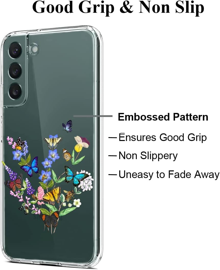 Unov Case Compatible with Galaxy S22 Case Clear with Design Soft TPU Shock Absorption Slim Embossed Pattern Protective 6.1 Inch (Flower Butterfly)  Unov   