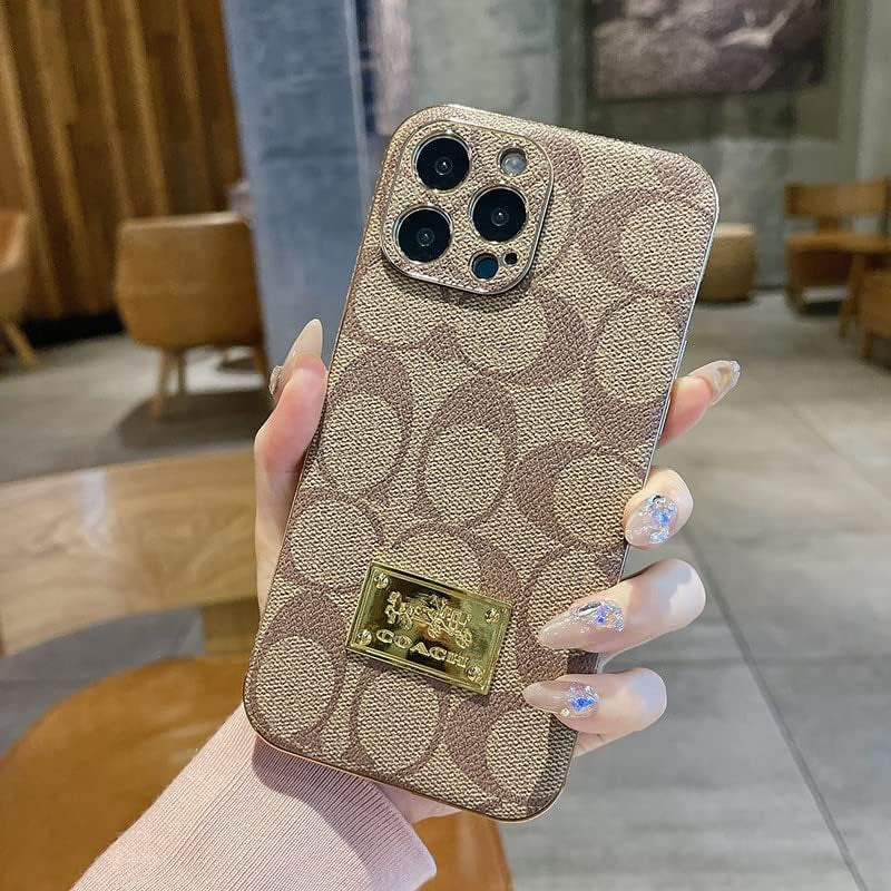 Designer Iphone 14 plus Case for Women Luxury 6.7 Inch, Leather Back Edge with Plate Gold Rim Classic Pattern Bling Glitter Nameplate Camera Protection Cover, Non Slip Shockproof Protective, Khaki  JIUDUIDODO   