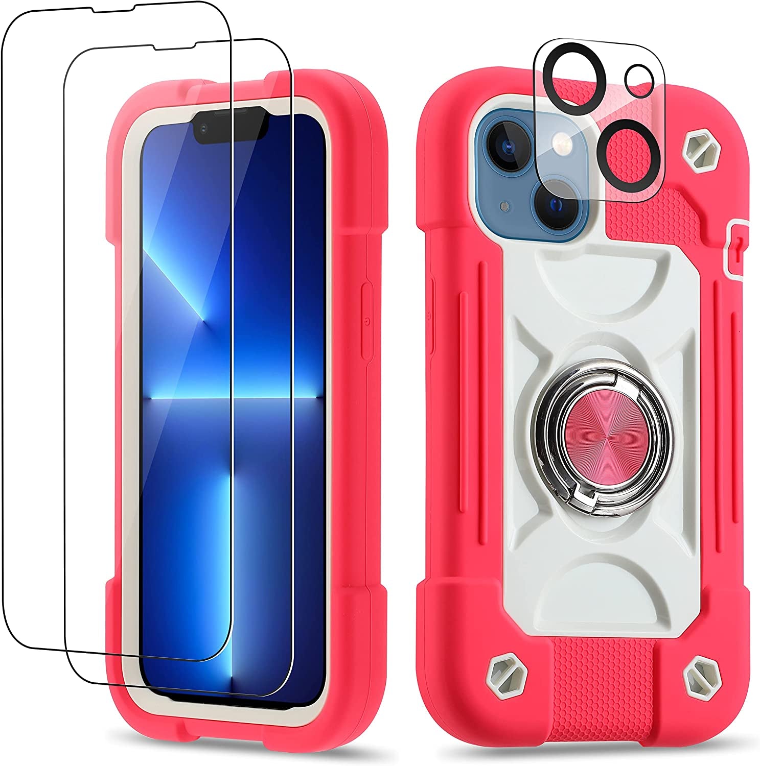 Cookiver for Iphone 14 Case/Iphone 13 Case 6.1 Inch with Ring Stand, with 2 Pack Glass Screen Protector + 1 Pack Camera Lens Protector,Heavy-Duty Shockproof Military Grade Rugged Cover (Felicia Blue)  Cookiver Hot Pink  