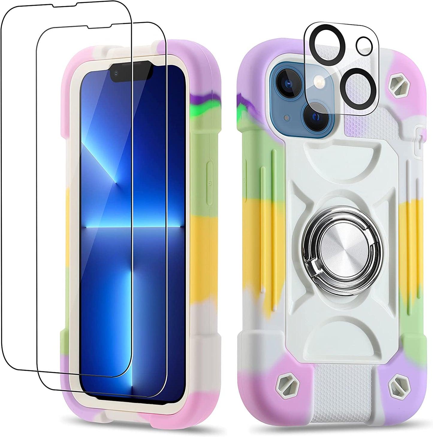 Cookiver for Iphone 14 Case/Iphone 13 Case 6.1 Inch with Ring Stand, with 2 Pack Glass Screen Protector + 1 Pack Camera Lens Protector,Heavy-Duty Shockproof Military Grade Rugged Cover (Black)  Cookiver Rainbow White  
