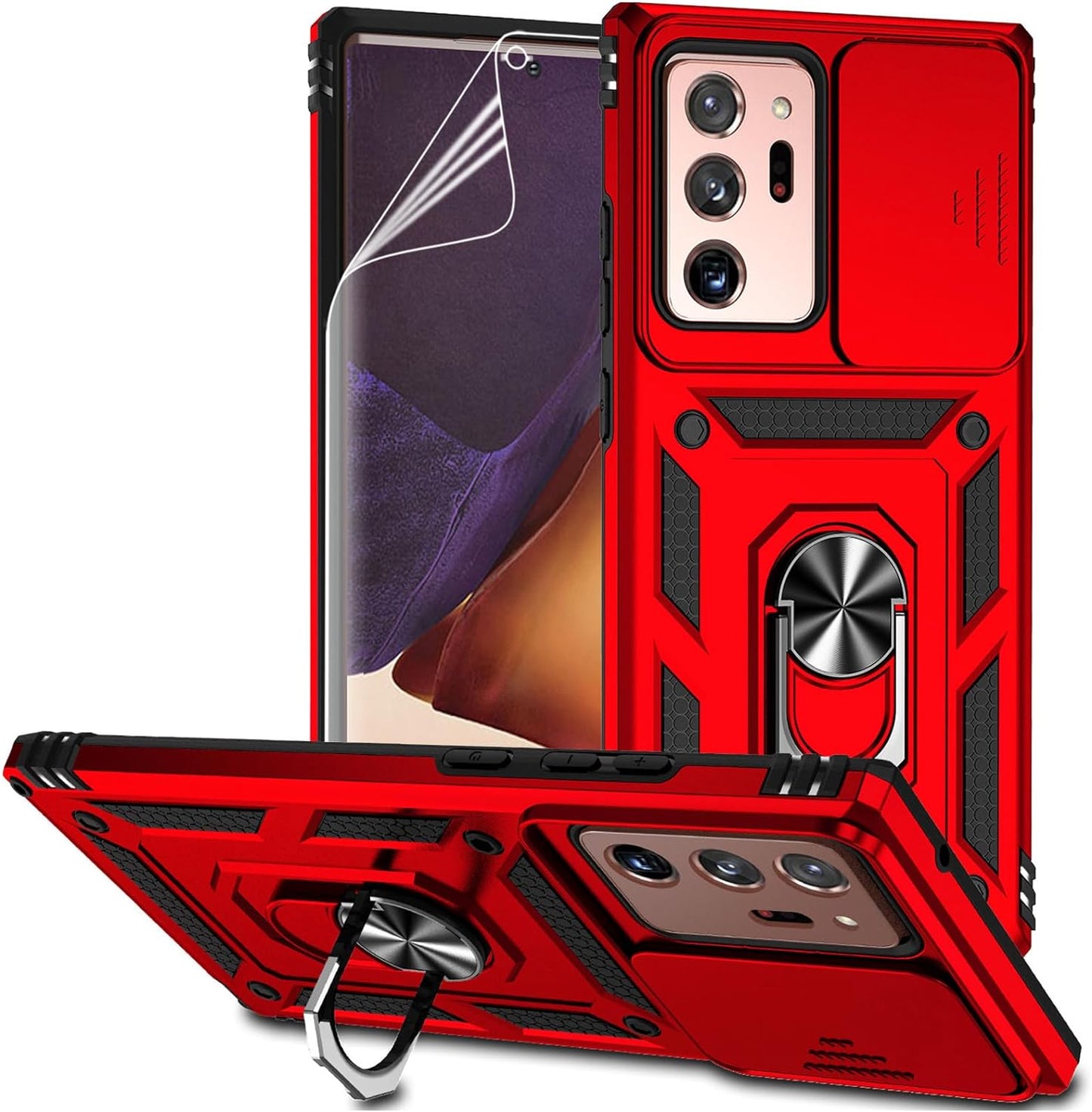 For Samsung Galaxy Note 20 Ultra Case with Camera Lens Cover HD Screen Protector, Military-Grade Drop Tested Magnetic Ring Holder Kickstand Protective Phone Case for Galaxy Note 20 Ultra 5G (Purple)  JINZHI Inc Red With Camera Cover Military-Grade 2Nd Gen  