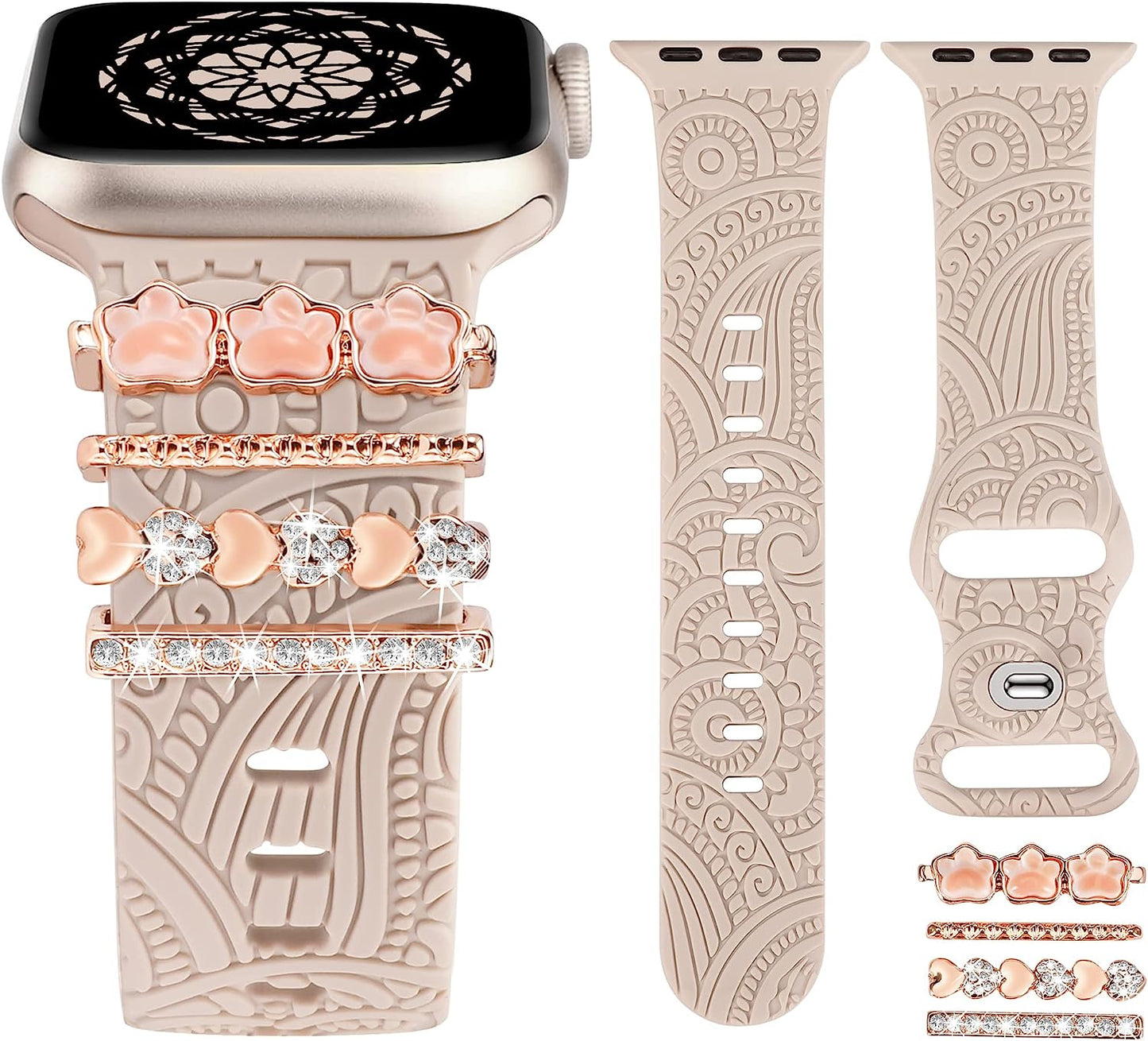 (Include Band) Decorative Ring Loops Compatible with Apple Watch Band Charms 41/40/38/42/44/45/49Mm Women, Boho Engraved Fancy Accessories Silicone Strap for Iwatch Series 8 SE Ultra 7 6 5 4 3 2 1  TOYOUTHS Resin Dog 42/44/45/49mm 