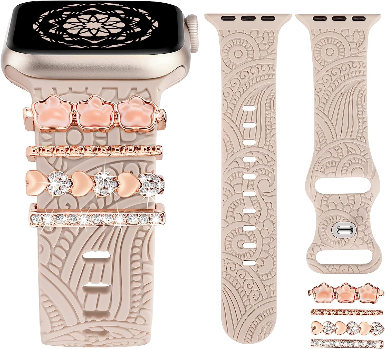 (Include Band) Decorative Ring Loops Compatible with Apple Watch Band Charms 41/40/38/42/44/45/49Mm Women, Boho Engraved Fancy Accessories Silicone Strap for Iwatch Series 8 SE Ultra 7 6 5 4 3 2 1  TOYOUTHS Resin Dog 42/44/45/49mm 