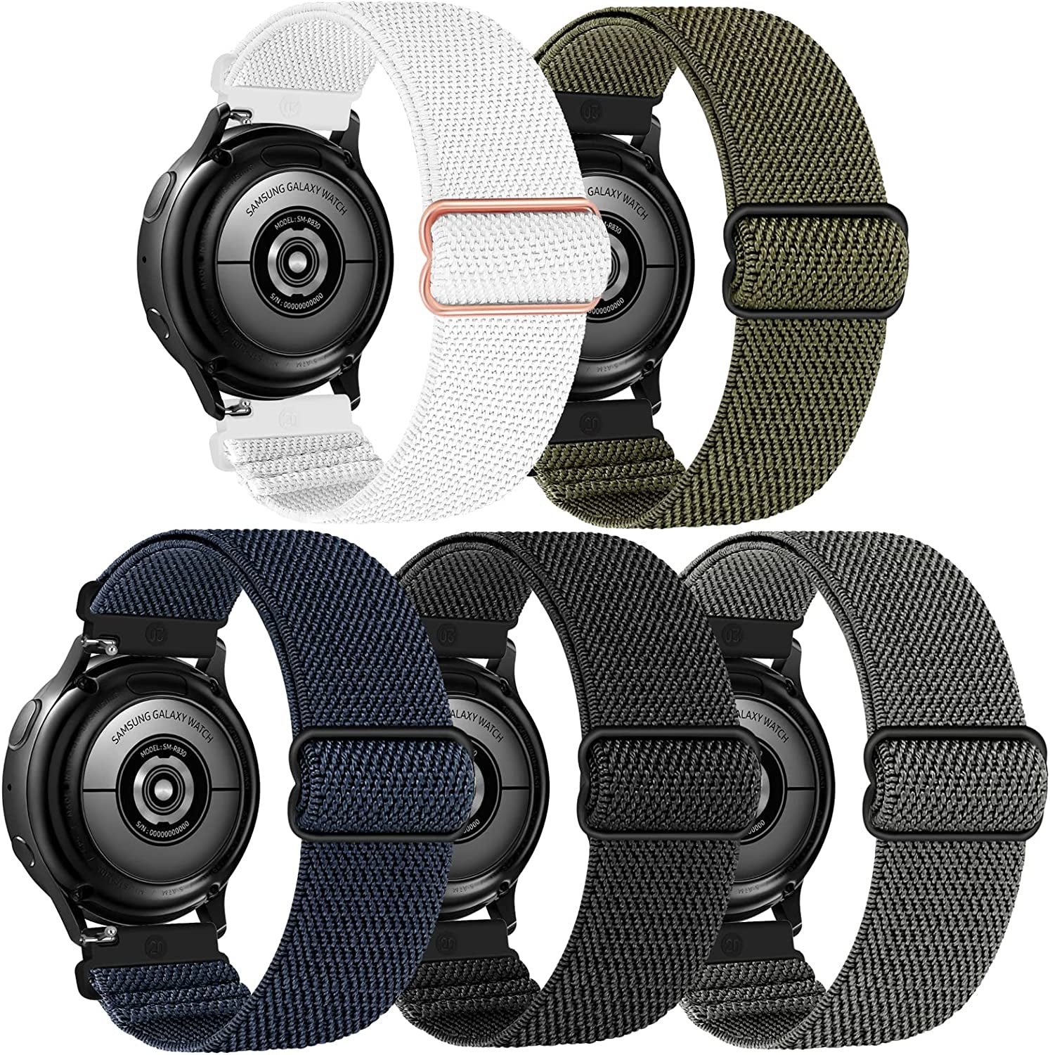 5 Pack Stretchy Nylon Watch Bands Compatible with Samsung Galaxy Watch Active 2 Bands 40Mm 44Mm/ Galaxy Watch 4 Band/Watch 4 Classic Band 42Mm 46Mm, 20Mm Watch Band for Galaxy Watch 3 Band  GrTrees Black/Grey/White/Dark Blue/Green  
