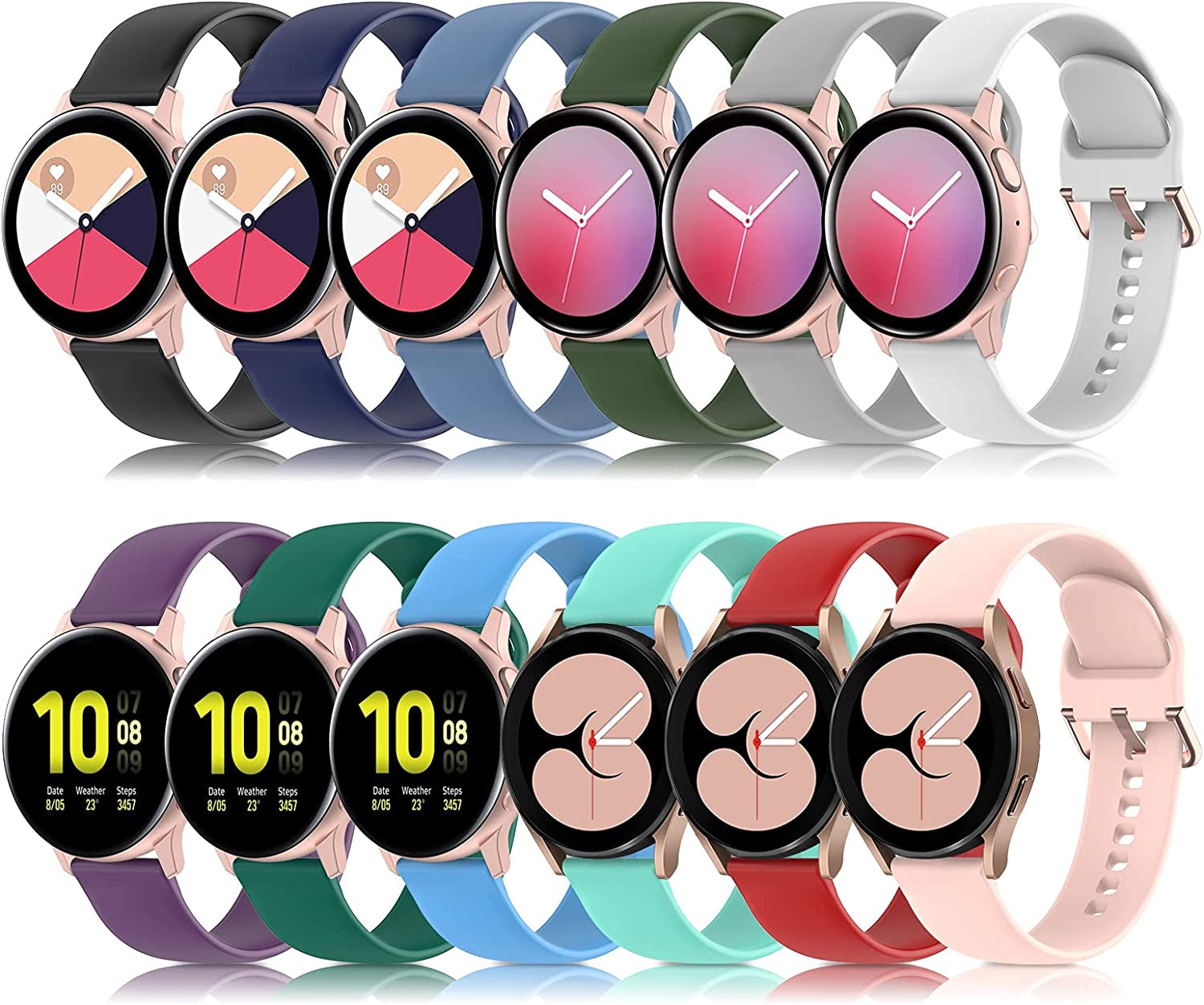 12 Pack Silicone Bands Compatible with Samsung Galaxy Watch Active 2 / Active 40Mm 44Mm / Galaxy Watch 5 & 5 Pro/Watch 4 & 3 41MM / 42Mm,Gear S2 Classic/Gear Sports (20Mm)(Silver Buckle)  EverAct 12 Pack Gold Buckle Small 