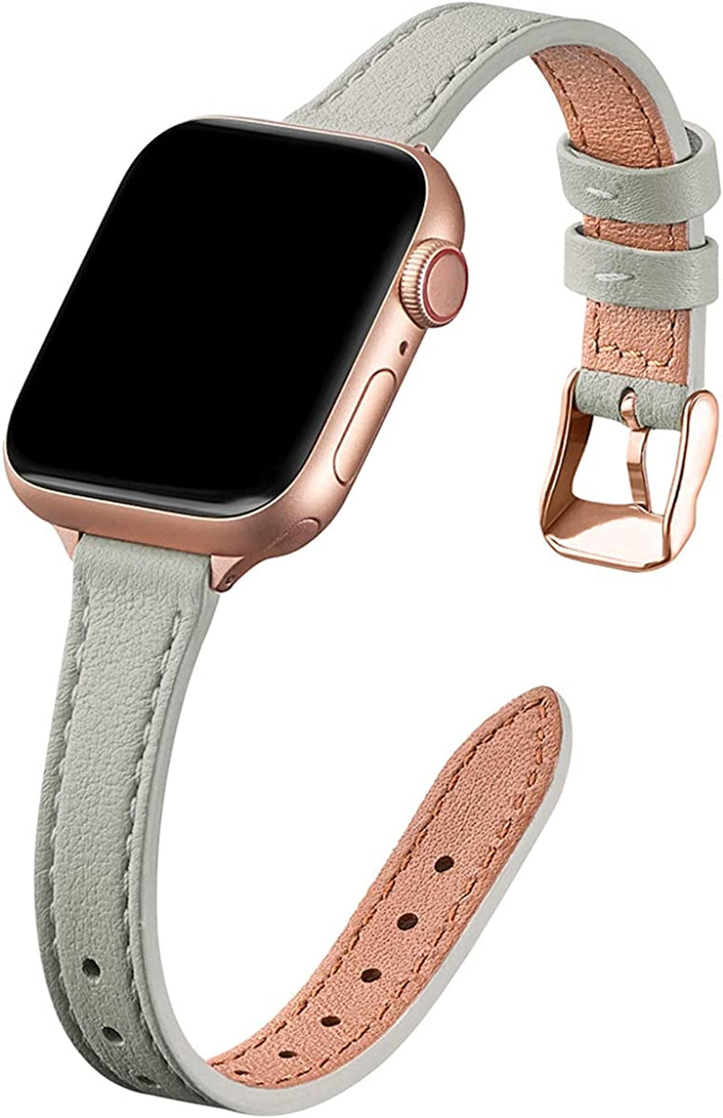 STIROLL Slim Leather Bands Compatible with Apple Watch Band 38Mm 40Mm 41Mm 42Mm 44Mm 45Mm 49Mm, Top Grain Leather Watch Thin Wristband for Iwatch Ultra SE Series 8/7/6/5/4/3/2/1  STIROLL Gray with Rose Gold 38mm/40mm/41mm 