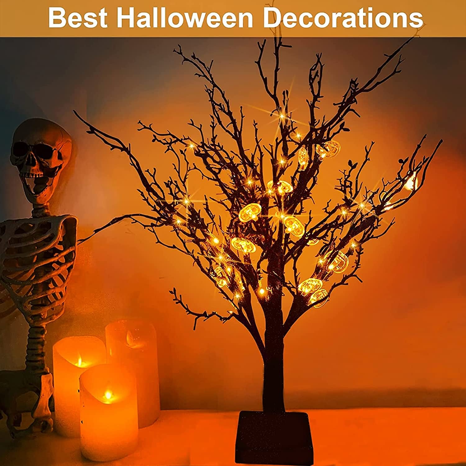[ Timer ] 24”/ 2FT Prelit Halloween Trees Decorations with Timer 24 Orange LED 25 Pumpkin Battery Powered Halloween Black Spooky Tabletop Tree Scary Ornament Halloween Decoration Indoor Home Party  TURNMEON   