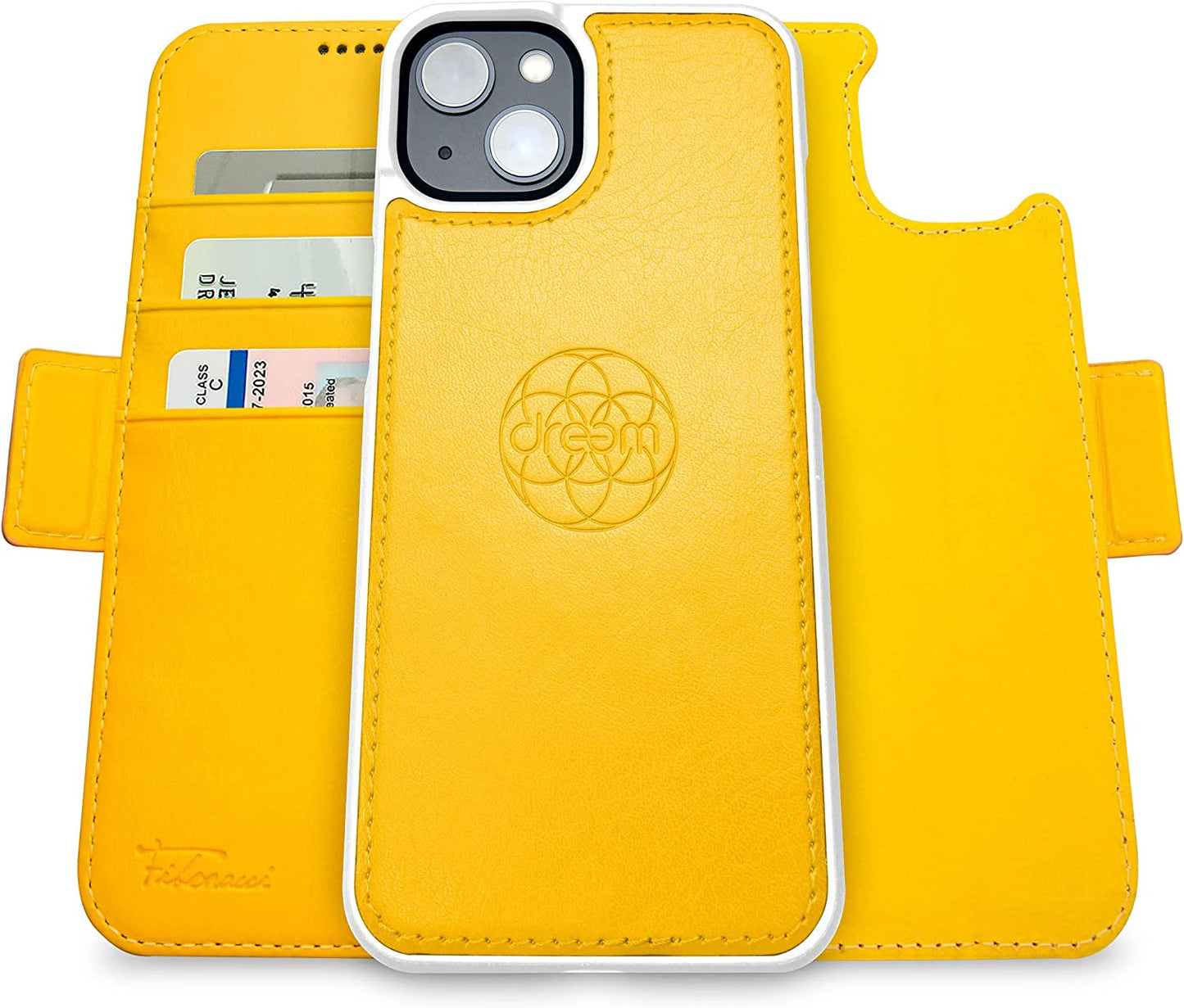 Dreem Fibonacci 2-In-1 Wallet Case for Apple Iphone 14 plus - Luxury Vegan Leather, Magnetic Detachable Shockproof Phone Case, RFID Card Protection, Magsafe Compatible - Black  dreem Yellow iPhone 14 Plus 