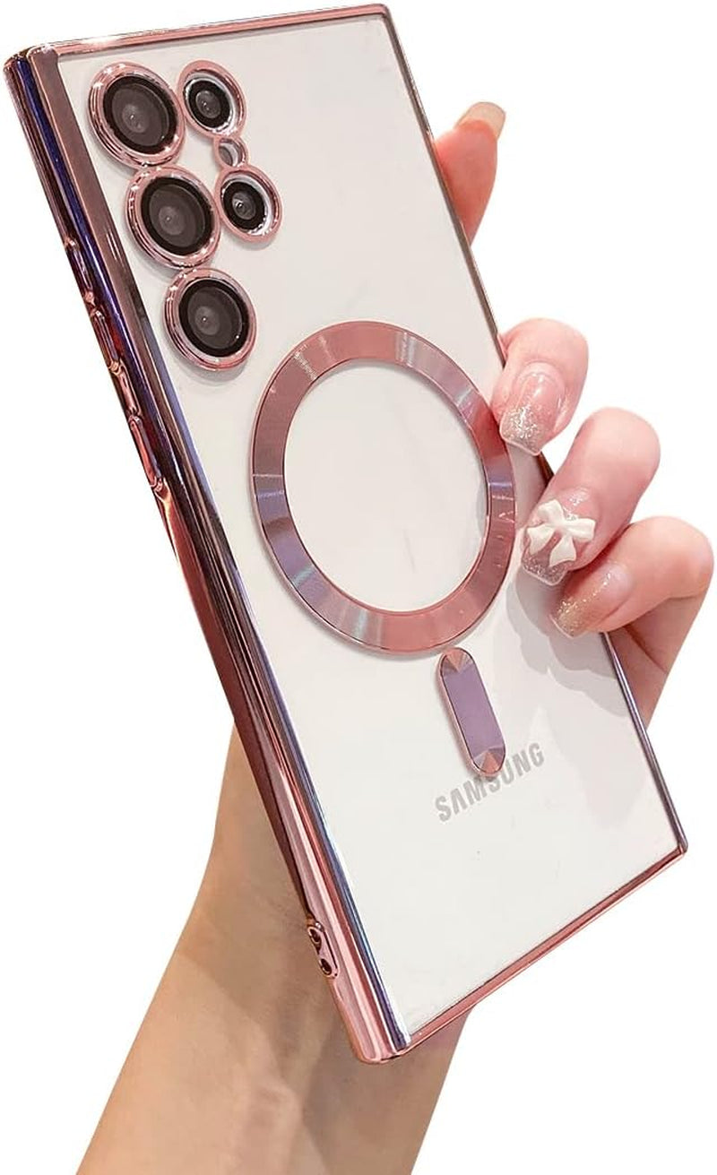 Threehundred for Samsung Galaxy S22 Ultra Case Magnetic Clear with Camera Lens Protector Full Protection Magsafe Electroplated Silicone Slim Fit Shockproof Protective Case Cover 6.8 Inch - Lavender  Threehundred Pink  