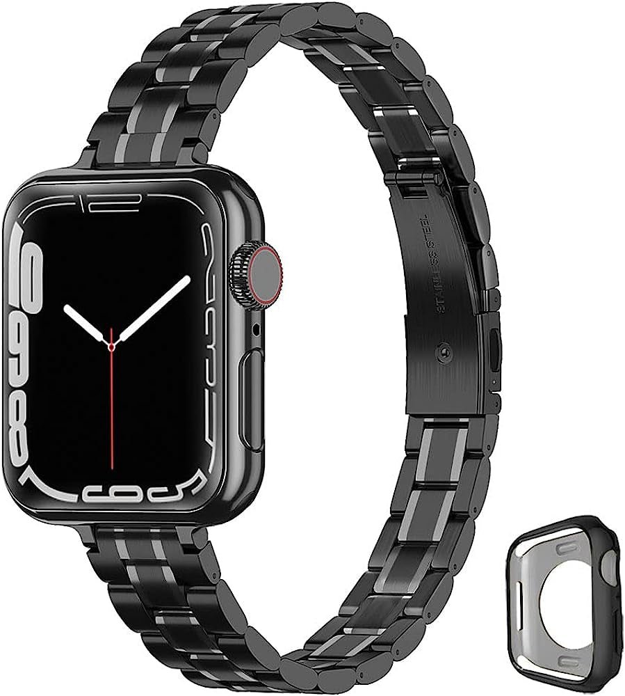 CSJCUBIC Metal Band Compatible with Apple Watch Band 38Mm 40Mm 41Mm 42Mm 44Mm 45Mm for Women, Slim and Thin Stainless Steel Replacement Adjustable Wristband for Iwatch Series 8/7/6/5/4/3/2/1/SE  CSJCUBIC Black 42mm/44mm/45mm 