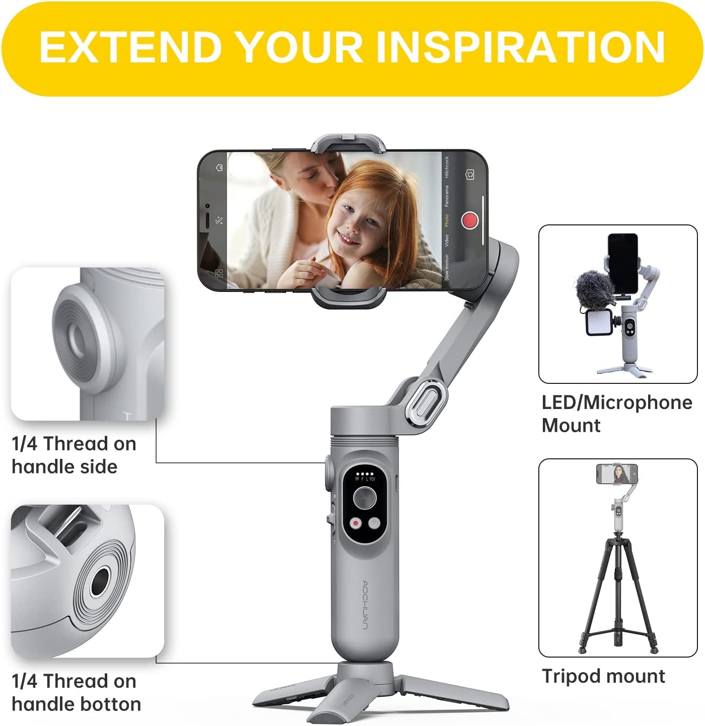 Gimbal Stabilizer for Smartphone W/Led Light Face Tracking Inception Timelapse Handheld Foldable 3-Axis Gimble for Iphone 14 13 12 11 Pro/Max Android Galaxy S21 Youtube Tiktok Vlog AOCHUAN Smart X  AOCHUAN   