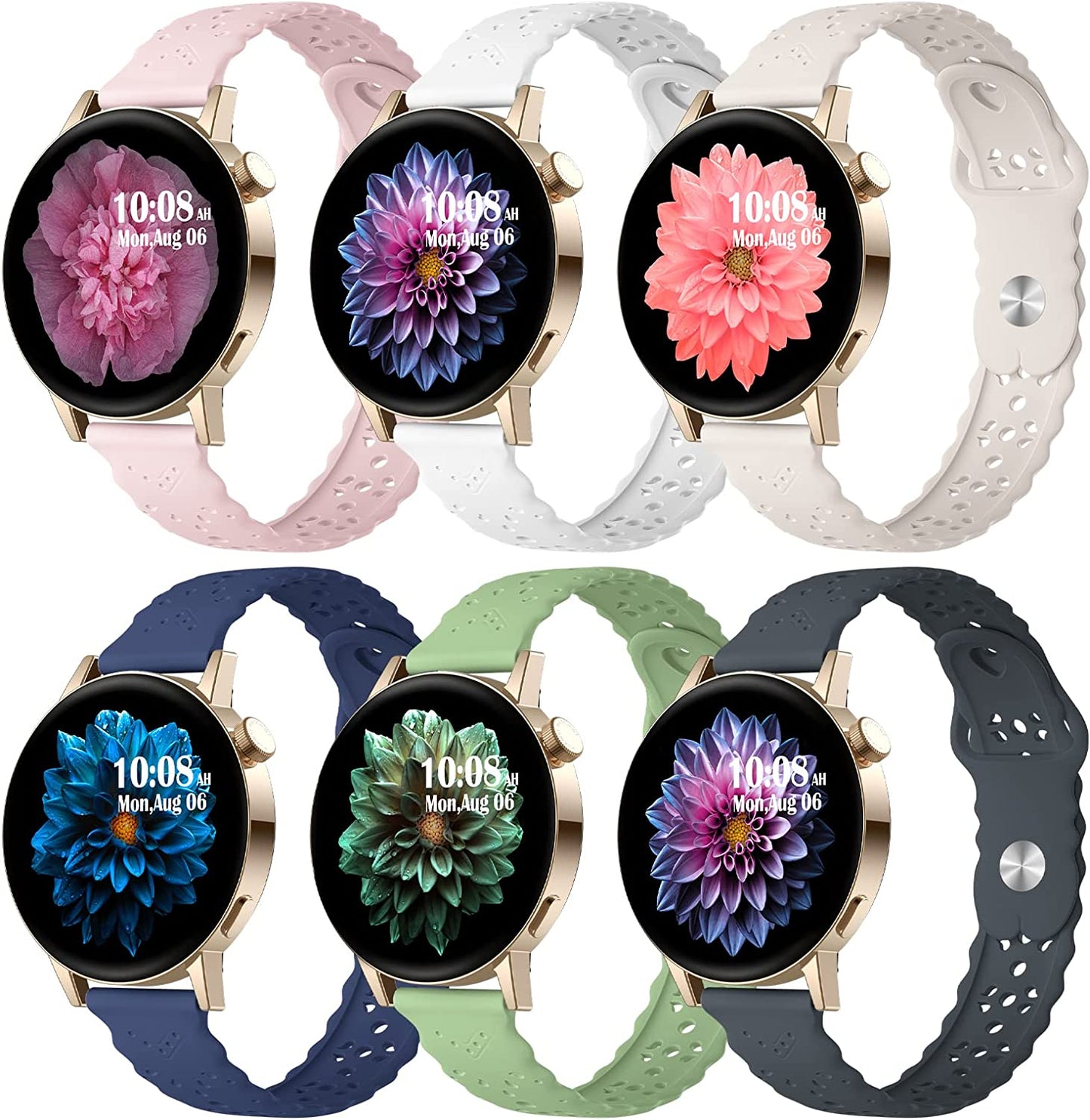 6 Pack Bands Compatible with Samsung Galaxy Watch 5 Band 40Mm 44Mm/5 Pro 45Mm, Galaxy Watch 4 Band 40Mm 44Mm/Watch 4 Classic/Galaxy Watch 3 41Mm, 20Mm Slim Sport Lace Silicone Wristband for Women  AIZHINENG Dark Grey/White/Starlight/Pink/Mint/Midnight Blue  