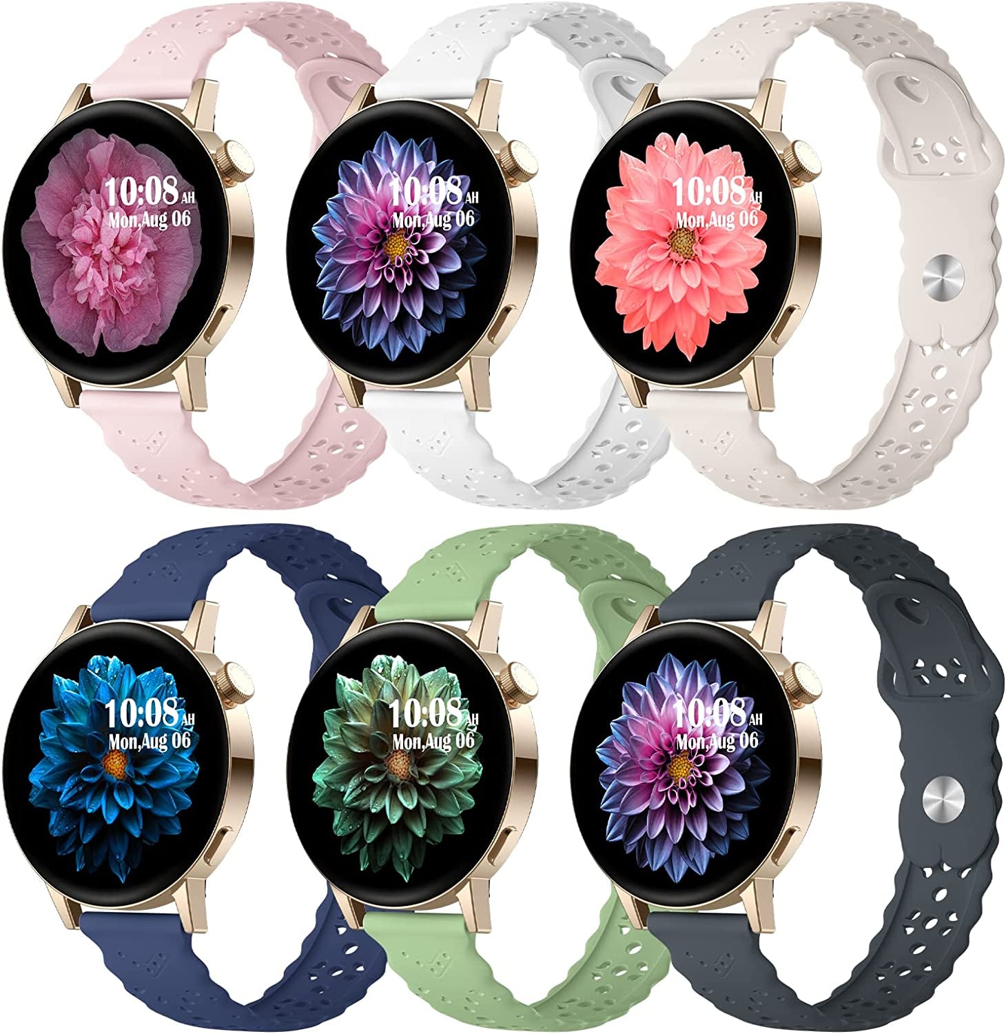 6 Pack Bands Compatible with Samsung Galaxy Watch 5 Band 40Mm 44Mm/5 Pro 45Mm, Galaxy Watch 4 Band 40Mm 44Mm/Watch 4 Classic/Galaxy Watch 3 41Mm, 20Mm Slim Sport Lace Silicone Wristband for Women  AIZHINENG Dark Grey/White/Starlight/Pink/Mint/Midnight Blue  