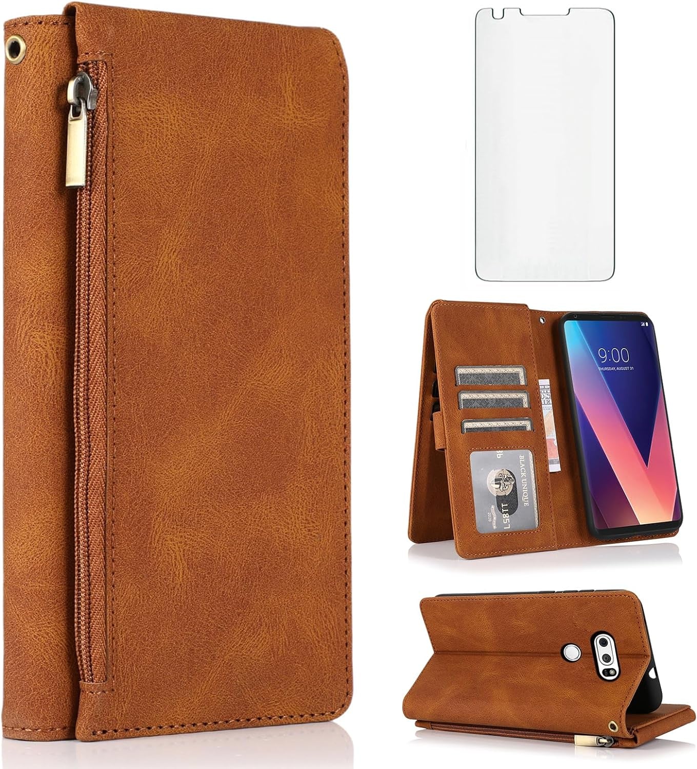 Compatible with LG V35 Thinq V30 plus Wallet Case Tempered Glass Screen Protector Zipper Leather Flip Cover Card Holder Accessories for LGV30 LGV35 LG30 LG35 V 30 35 V30+ V30S H931 Women Rose Gold  Asuwish Brown  