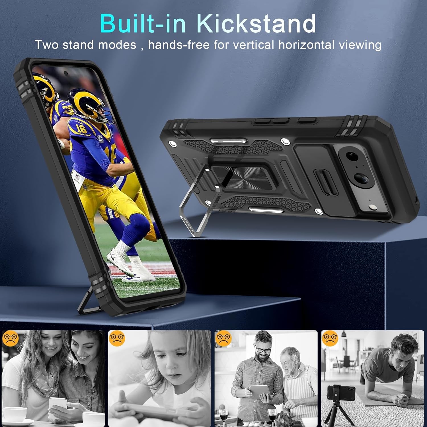 DEERLAMN for Google Pixel 8 Case with Slide Camera Cover+Screen Protector (1 Pack), Rotated Ring Kickstand Military Grade Shockproof Heavy Duty Protective Cover -Black  DEERLAMN   