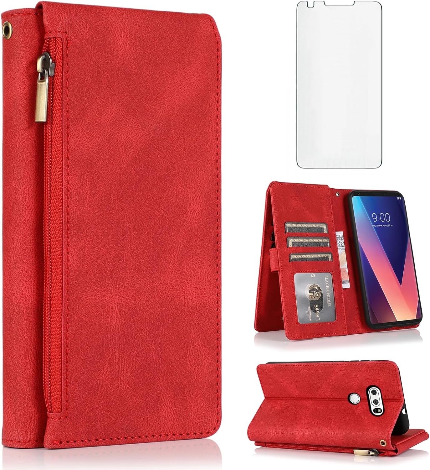 Compatible with LG V35 Thinq V30 plus Wallet Case Tempered Glass Screen Protector Zipper Leather Flip Cover Card Holder Accessories for LGV30 LGV35 LG30 LG35 V 30 35 V30+ V30S H931 Women Rose Gold  Asuwish Red  