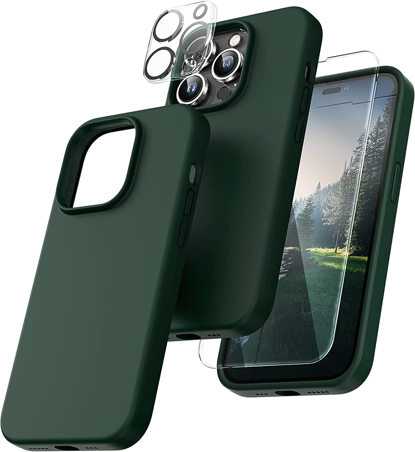 TOCOL [5 in 1 Designed for Iphone 14 Pro Case, with 2 Pack Screen Protector + 2 Pack Camera Lens Protector, Liquid Silicone Phone Case 6.1 Inch, [Anti-Scratch] [Drop Protection], Alpine Green  TOCOL   