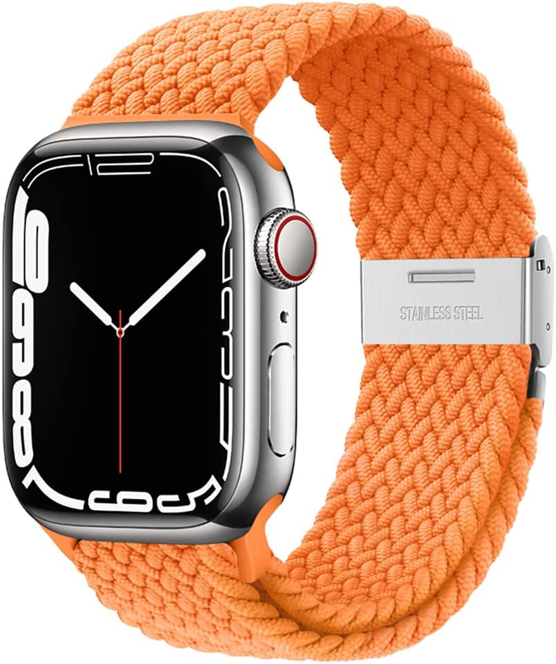 Qimela Compatible with Apple Watch Band 49Mm 45Mm 44Mm 42Mm,Stretchy Sport Solo Loop Strap with Adjustable Buckle,Elastic Nylon Braided Wristband for Iwatch Series 8 7 6 SE 5 4 3 2 1 Ultra,Women Men  FS-TECH Orange 38mm/40mm/41mm 