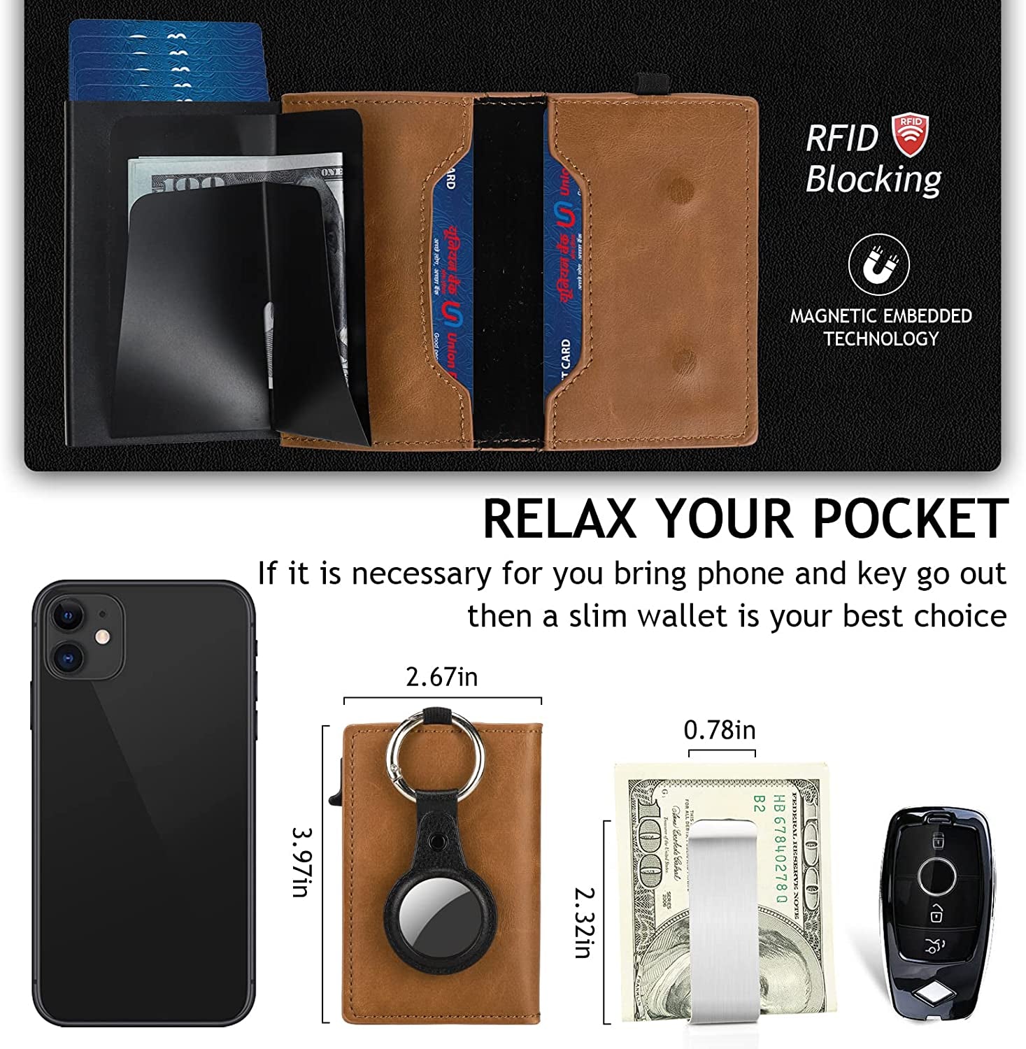 Mens Airtag Wallet with Money Clip,Leather Credit Card Holder with Detachable Airtag Holder Rfid Minimalist Wallet Pop up Wallet with Gift Box（Brown)  Blsoatee   