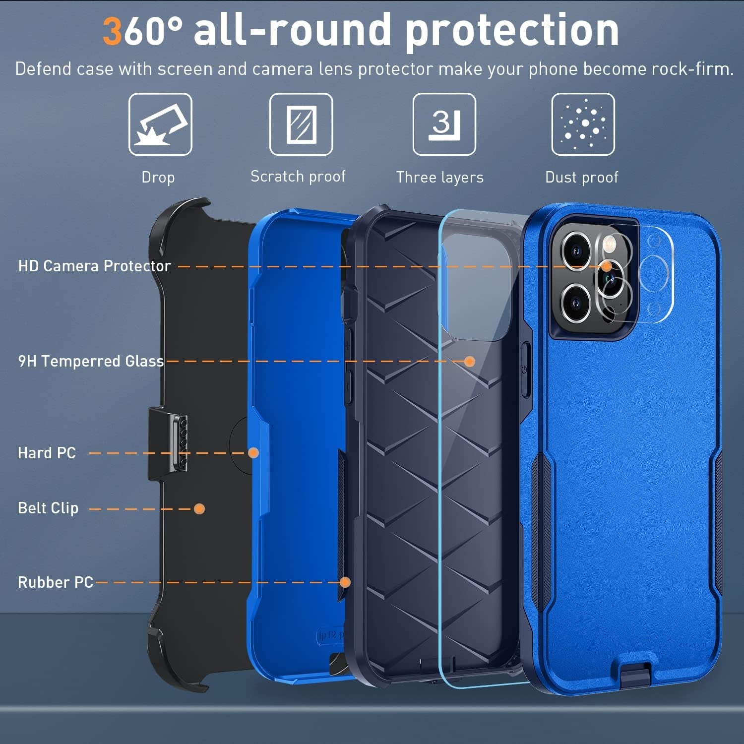 Xmon for Iphone 12 Pro Max Phone Case, [Shockproof] [Belt Clip Kickstand] [Tempered Glass Screen Protector with Camera Lens Protector] Heavy Duty Cover for Iphone 12 Pro Max 6.7 Inch (Blue)  Xmon   