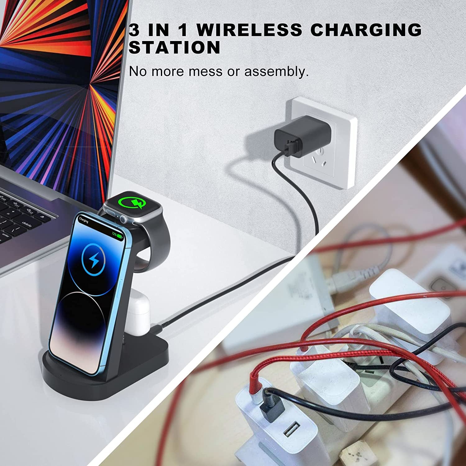 Wireless Charging Station - 3 in 1 Wireless Charger for Iphone 14/13 Pro/13/12/11 Pro Max/X/Xs/8/8 Plus,Wireless Charging Stand Dock for Apple Watch Series Airpods 3/2/1/Pro(With Adapter)  INNISTO   