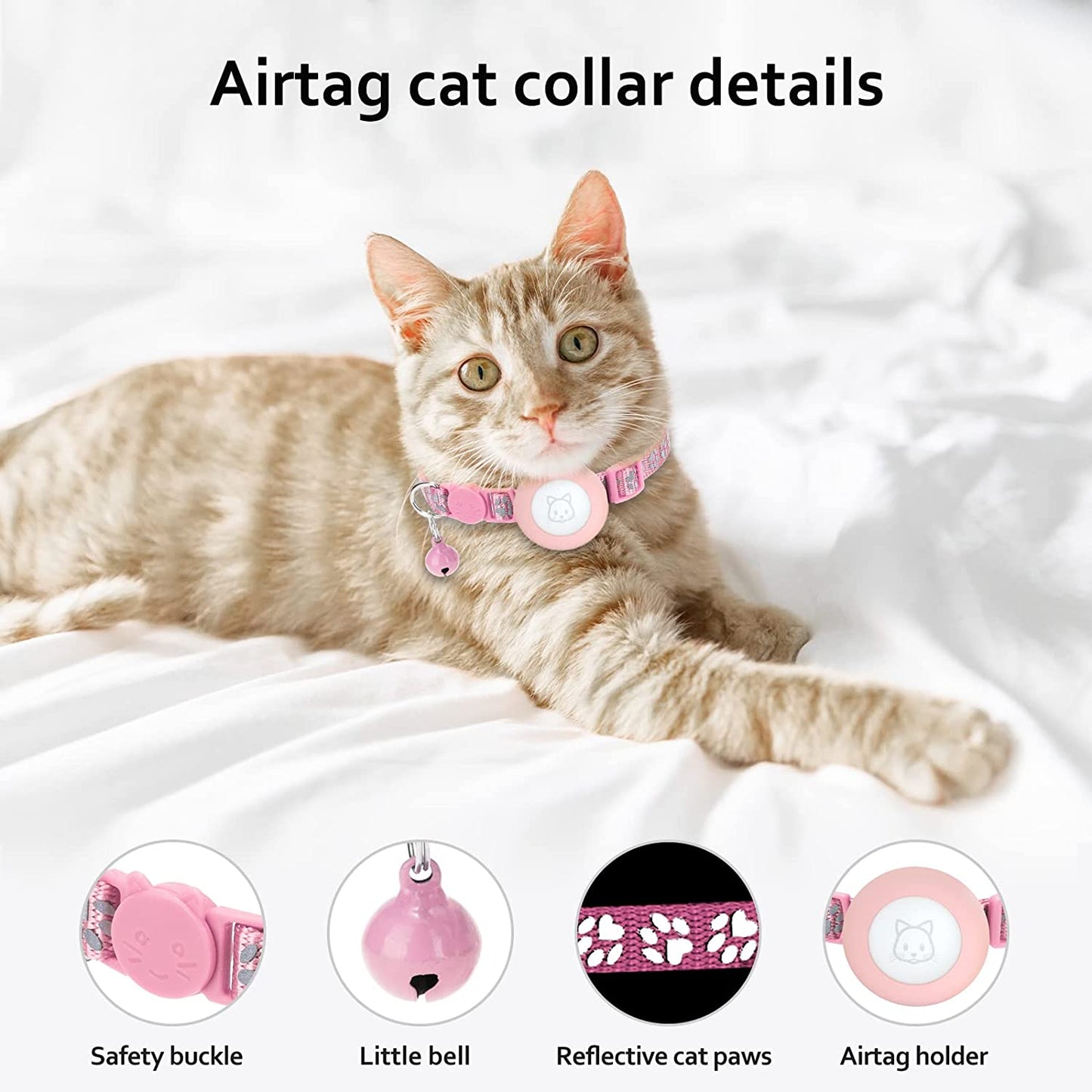 Airtag Cat Collar with Breakaway Bell, Reflective Paw Pattern Strap with Air Tag Case for Cat Kitten and Extra Small Dog (Pink Reflective Paw)  Kuaguozhe US   