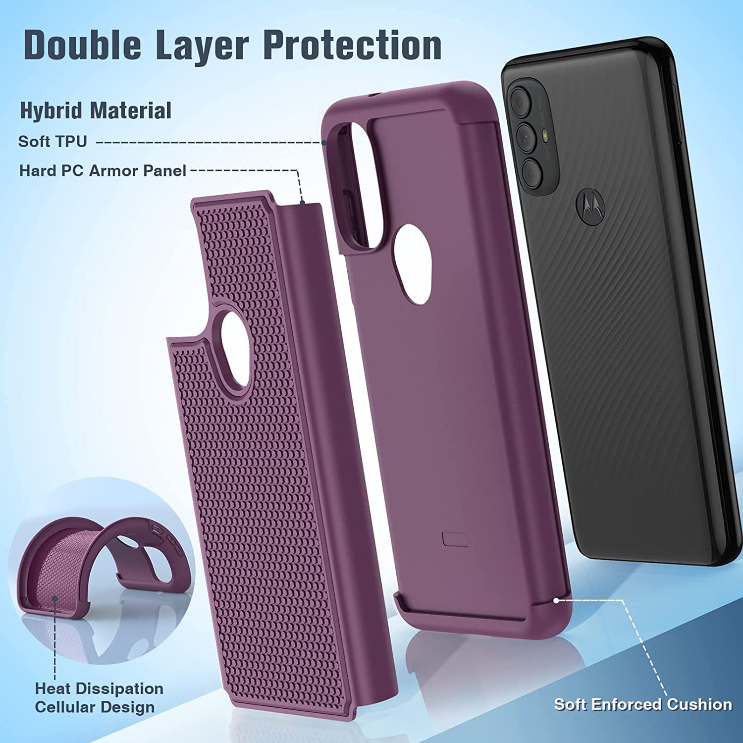 BNIUT for Motorola Moto G Power 2022 Case: Moto G Play 2023 Case & Moto G Pure 2021 Case - Dual Layer Protective Heavy Duty Phone Cover Shockproof Rugged with Non Slip Textured (Burgundy Purple)  binghexin   