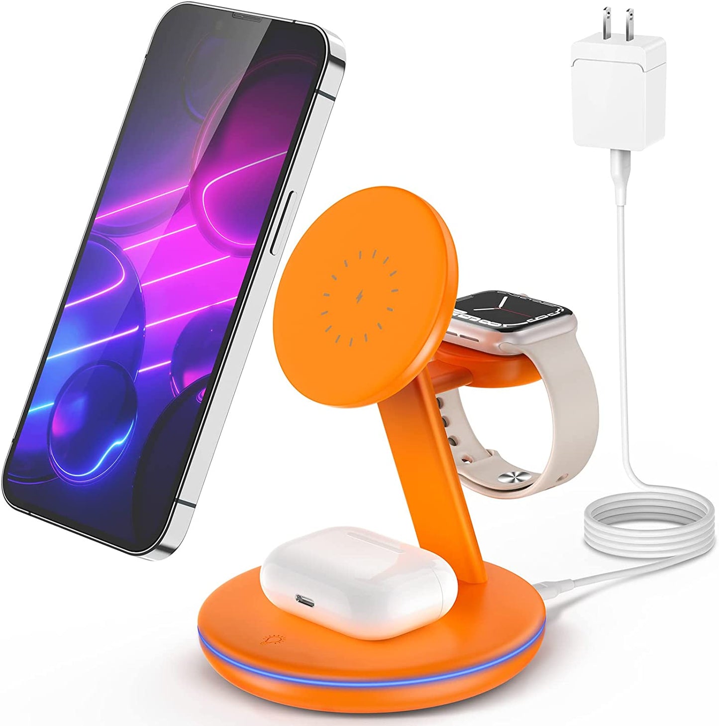 Magnetic Wireless Charging Station for Apple Series, 3-In-1 Standard 15W Fast Mag-Safe Charger Stand with QC3.0 Adapter, for Iphone 14,13,12 Pro Max/Pro/Mini/Plus, Iwatch Ultra/8/7/6/5/4/3/2, Airpods…  Pilita DongGuanShi WeizhiChuang Technology Co, Ltd Orange  