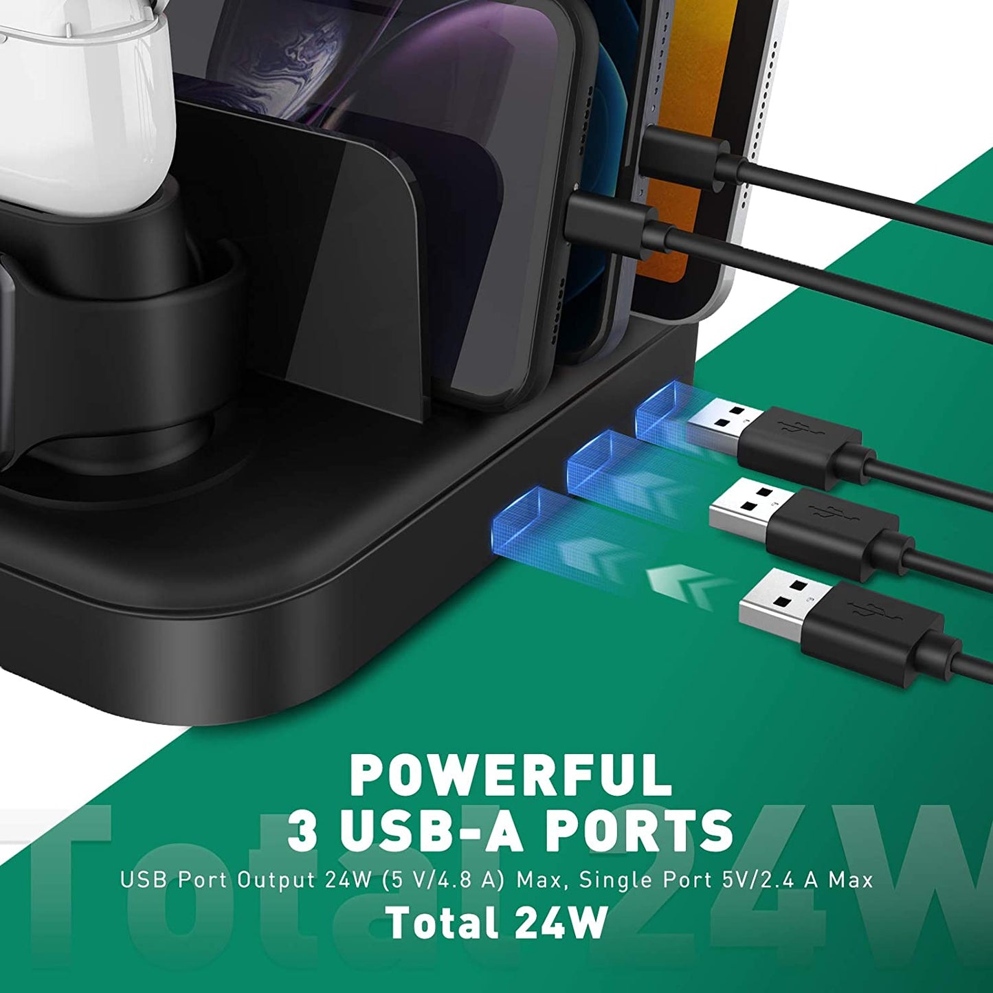 Seenda Wireless Charging Station for Multiple Devices - 6 in 1 USB Charging Dock Built-In AC Adapter with 10W Max Wireless Charger Stand and 5 USB Ports for Iphone, Ipad, Android, Apple Watch, Airpods  seenda charging   